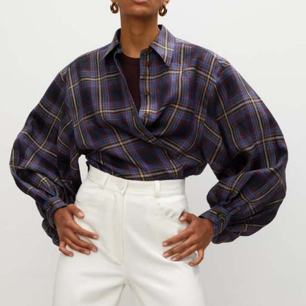 Rohe Ada Blouson Sleeve Top in Retro Check - size 36